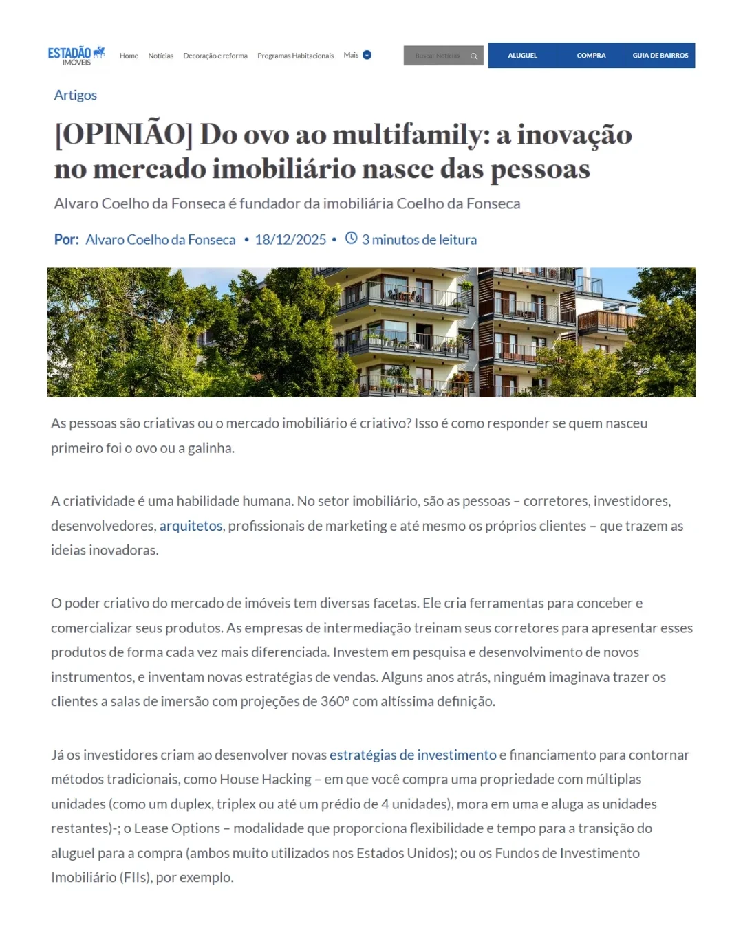 Estadão: "do ovo ao multifamily"